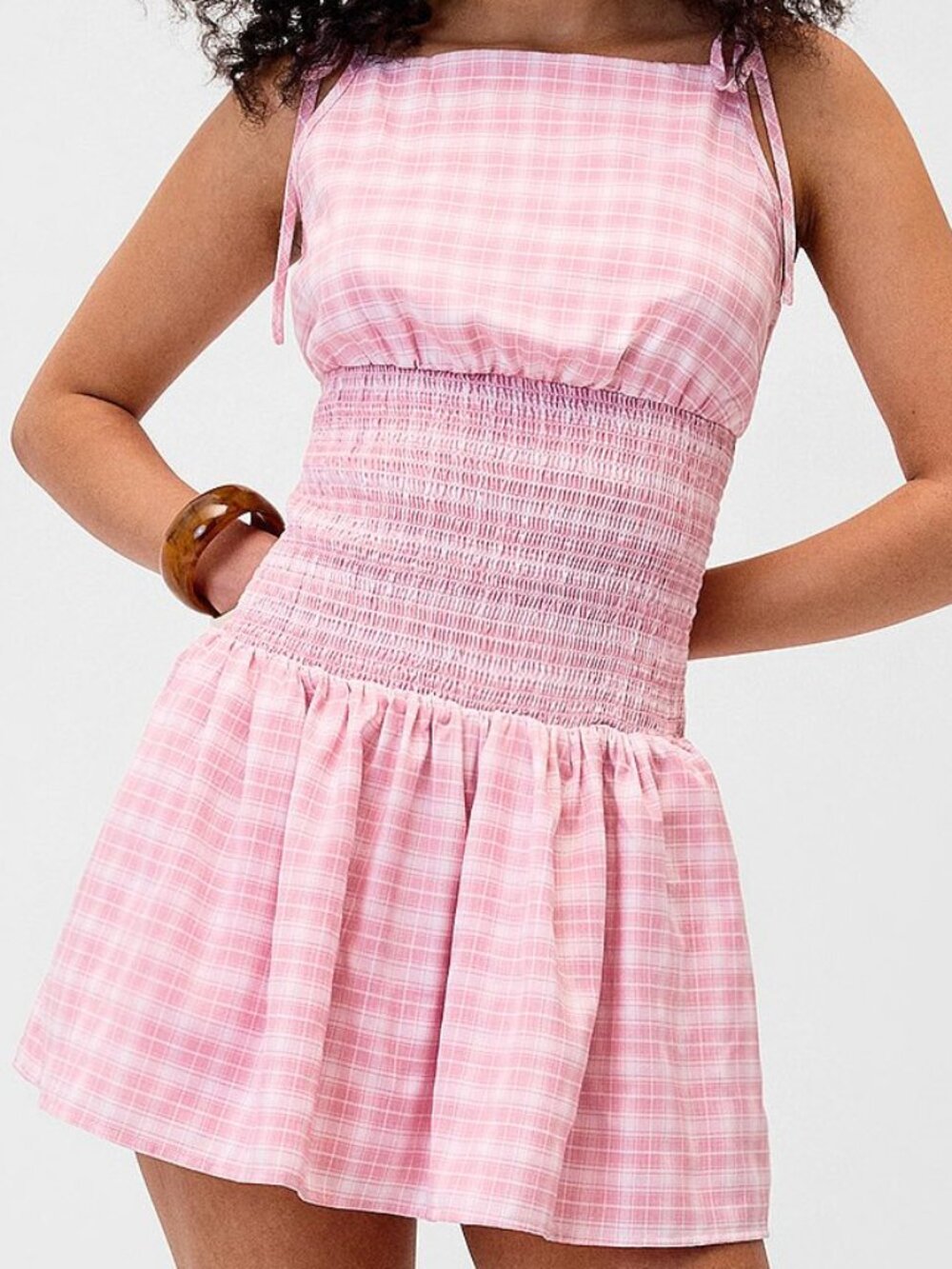 Pretty Garbage Checkered smocked band mini-dress